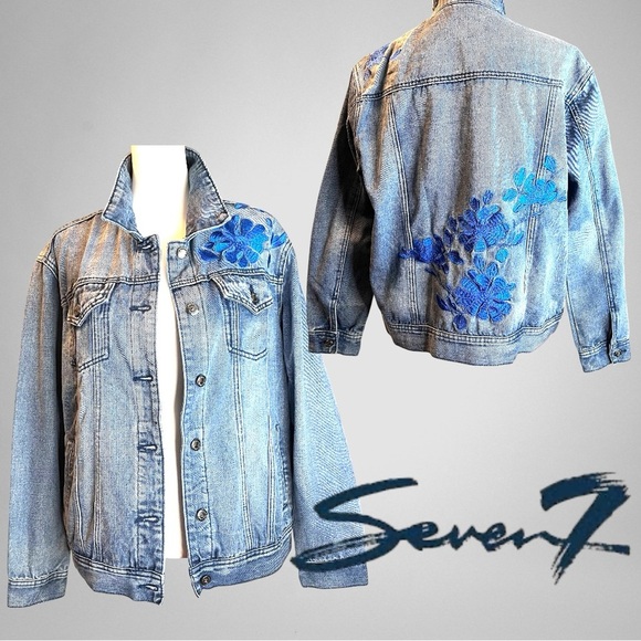 Seven7 Women's Blue Large Denim Jacket with Floral Embroidery - Picture 1 of 8
